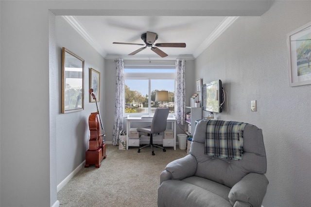 378 Tennessee Ave, Crystal Beach, FL 34681 - carpeted office featuring baseboards, a textured wall, ornamental molding, and a ceiling fan