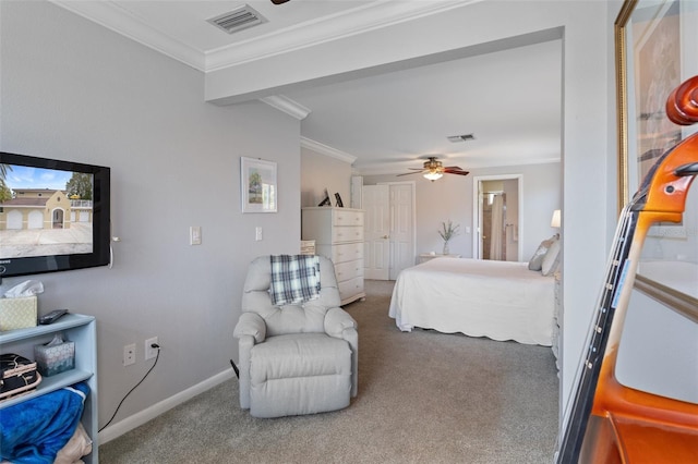 378 Tennessee Ave, Crystal Beach, FL 34681 - bedroom featuring baseboards, carpet floors, ornamental molding, and visible vents
