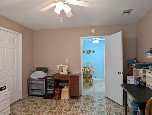 home office featuring visible vents, ceiling fan, and light tile patterned floors