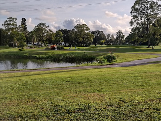 view of property's community with a lawn and a water view