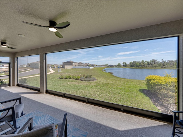 12808 Boggy Creek Dr, Riverview, FL 33579 - unfurnished sunroom with a water view and ceiling fan