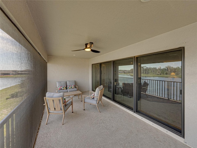 12808 Boggy Creek Dr, Riverview, FL 33579 - balcony featuring a patio, a water view, outdoor lounge area, and ceiling fan
