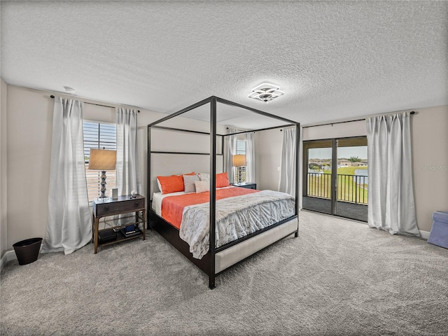 12808 Boggy Creek Dr, Riverview, FL 33579 - carpeted bedroom featuring a textured ceiling, access to exterior, and multiple windows