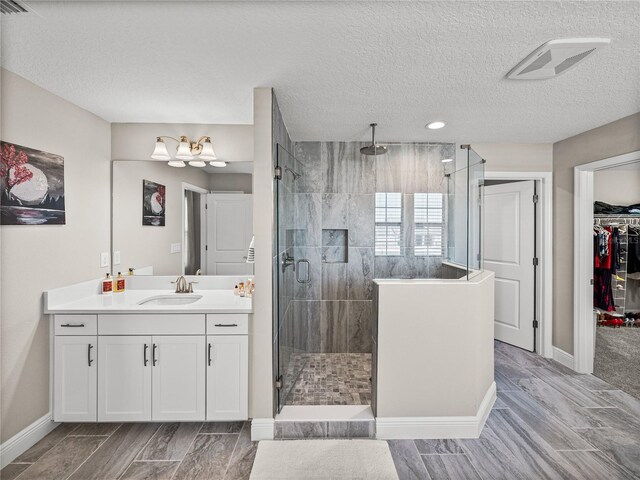 12808 Boggy Creek Dr, Riverview, FL 33579 - full bath featuring vanity, a walk in closet, baseboards, a stall shower, and a notable chandelier