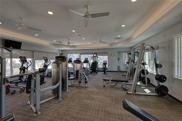 12808 Boggy Creek Dr, Riverview, FL 33579 - workout area featuring a tray ceiling, carpet, a ceiling fan, visible vents, and recessed lighting
