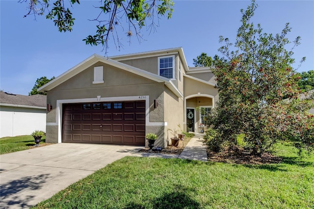 4250 Warwick Hills Dr, Wesley Chapel, FL 33543 - traditional home with an attached garage, stucco siding, concrete driveway, and a front lawn