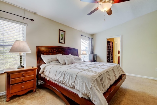 4250 Warwick Hills Dr, Wesley Chapel, FL 33543 - bedroom with light colored carpet, lofted ceiling, baseboards, and ceiling fan