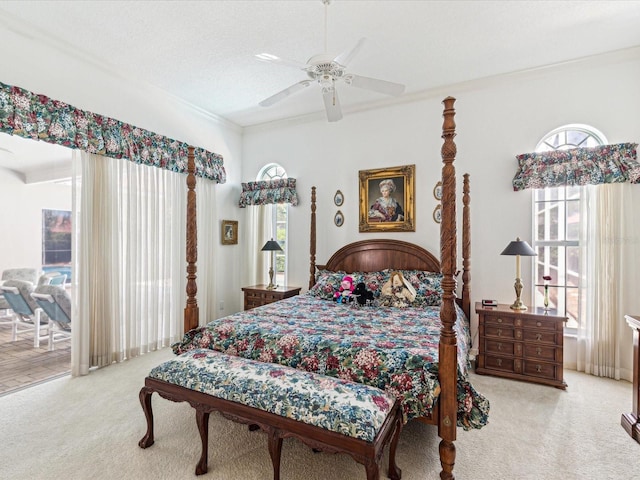 bedroom with carpet, access to exterior, crown molding, and ceiling fan