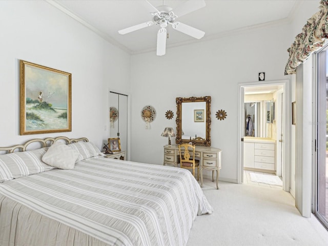 bedroom with light carpet, multiple windows, and ornamental molding