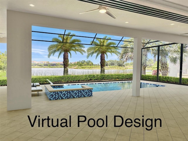 4824 Benito Ct, Bradenton, FL 34211 - view of swimming pool featuring a ceiling fan, a patio, a water view, glass enclosure, and a pool with connected hot tub