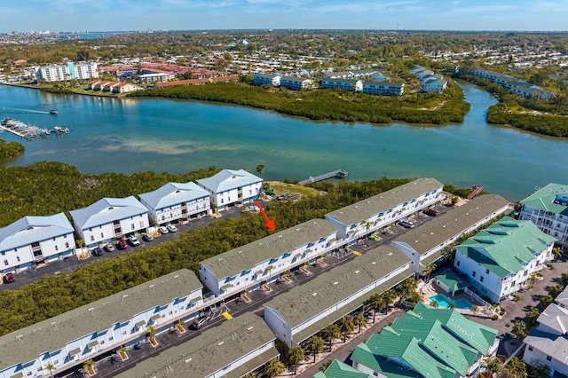 birds eye view of property featuring a water view
