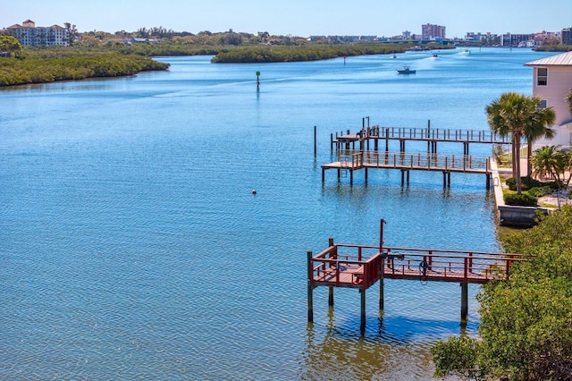 view of dock with a water view