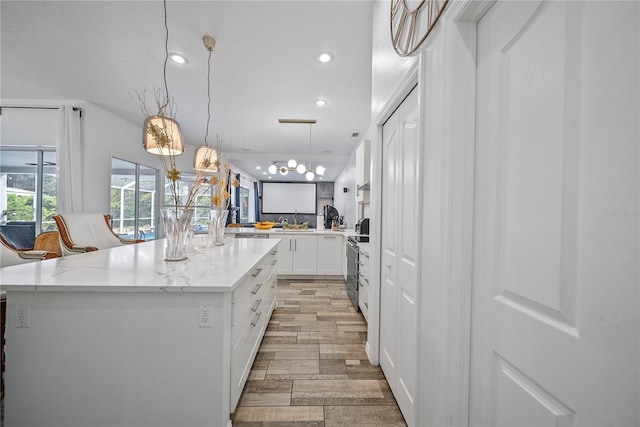 8833 Bel Meadow Way, Trinity, FL 34655 - kitchen featuring white cabinets, light stone countertops, light wood finished floors, recessed lighting, and stainless steel electric stove