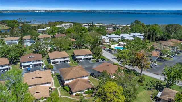 aerial view featuring a residential view and a water view
