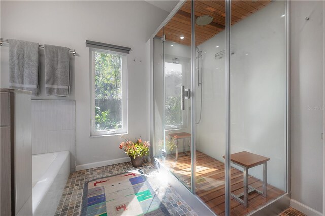 604 W Hilda St, Tampa, FL 33603 - full bath featuring a garden tub, baseboards, wooden ceiling, and a shower stall