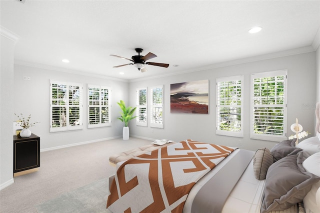 bedroom with crown molding, carpet flooring, baseboards, and recessed lighting