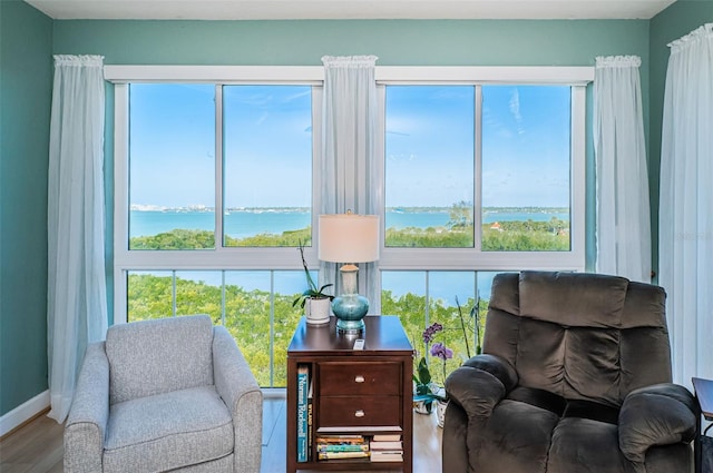 4801 Osprey Dr S Unit 508, Saint Petersburg, FL 33711 - living area featuring a water view, baseboards, and wood finished floors