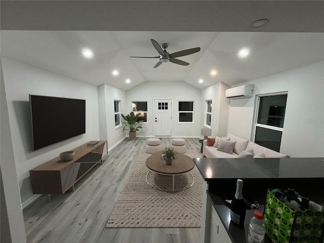 1574 Ewing Ave, Clearwater, FL 33756 - living area featuring an AC wall unit, ceiling fan, light wood-style floors, lofted ceiling, and recessed lighting