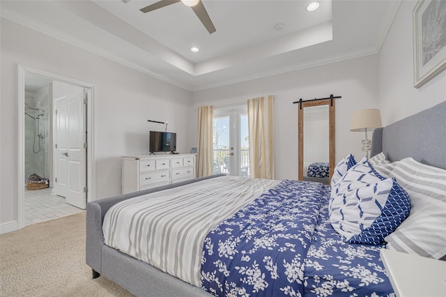 16306 1st St E, Redington Beach, FL 33708 - bedroom featuring crown molding, carpet floors, a ceiling fan, a raised ceiling, and recessed lighting