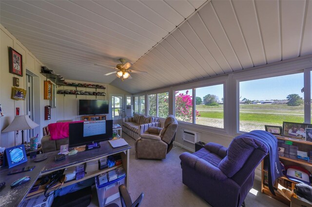 607 Fox Hills Dr, Sun City Center, FL 33573 - carpeted living area with a ceiling fan, wood ceiling, lofted ceiling, and a wall mounted air conditioner
