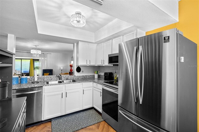 14019 Notreville Way, Tampa, FL 33624 - kitchen with a chandelier, a raised ceiling, appliances with stainless steel finishes, white cabinetry, and a sink