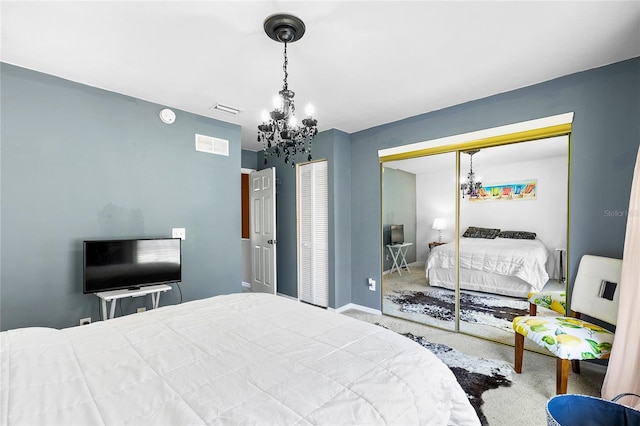 14019 Notreville Way, Tampa, FL 33624 - carpeted bedroom featuring baseboards, heating unit, visible vents, and a notable chandelier