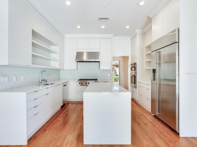 kitchen featuring open shelves, appliances with stainless steel finishes, extractor fan, a sink, and modern cabinets