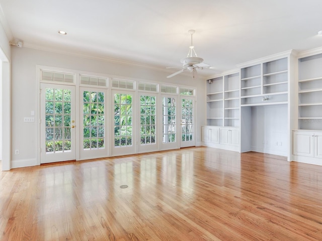 unfurnished living room featuring ceiling fan, ornamental molding, wood finished floors, baseboards, and recessed lighting