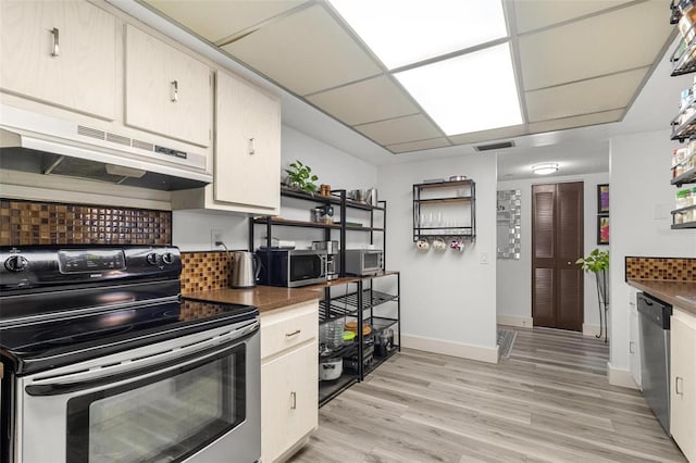 6265 Sun Blvd Unit 1201, Saint Petersburg, FL 33715 - kitchen with light wood-type flooring, tasteful backsplash, under cabinet range hood, and stainless steel appliances