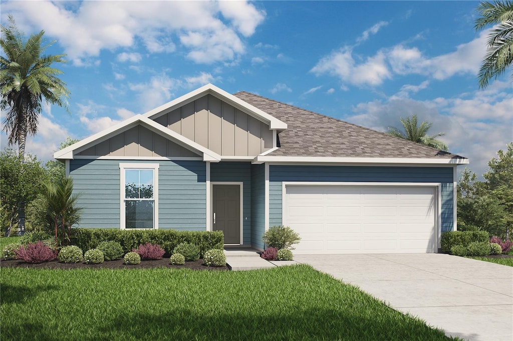 1350 Hammock Dunes Dr, Jacksonville, FL 32221 - ranch-style house featuring driveway, an attached garage, board and batten siding, a front lawn, and a shingled roof