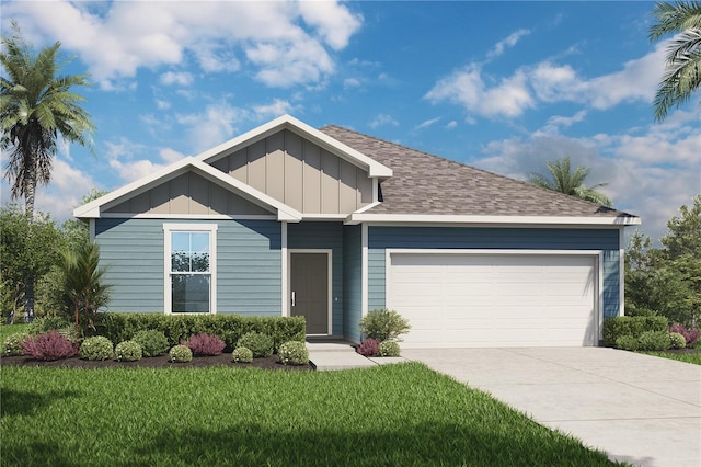1350 Hammock Dunes Dr, Jacksonville, FL 32221 - ranch-style house featuring driveway, an attached garage, board and batten siding, a front lawn, and a shingled roof