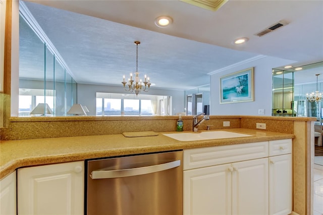 895 S Gulfview Blvd Unit 309, Clearwater Beach, FL 33767 - kitchen with a notable chandelier, a sink, stainless steel dishwasher, plenty of natural light, and visible vents