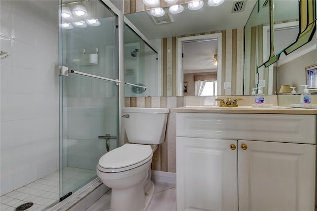 895 S Gulfview Blvd Unit 309, Clearwater Beach, FL 33767 - bathroom with visible vents, ceiling fan, toilet, vanity, and a stall shower