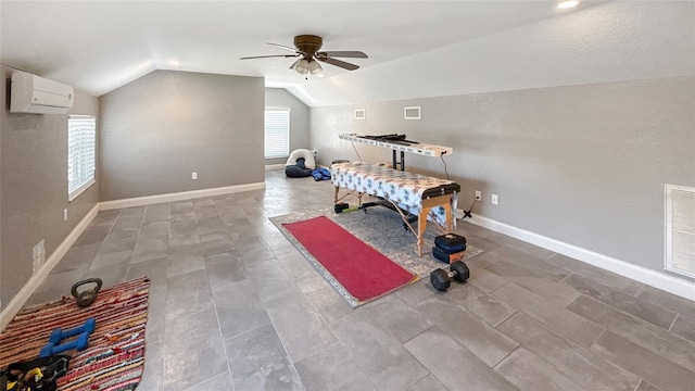 5235 Nichols Dr E, Lakeland, FL 33812 - playroom featuring visible vents, baseboards, a wall unit AC, a ceiling fan, and vaulted ceiling
