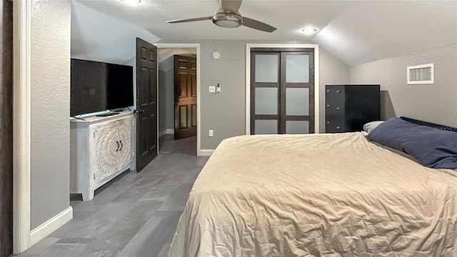 5235 Nichols Dr E, Lakeland, FL 33812 - bedroom featuring vaulted ceiling, baseboards, visible vents, a ceiling fan, and a closet