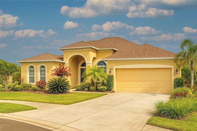 2218 132nd Pl E, Parrish, FL 34219 - mediterranean / spanish-style home with stucco siding, concrete driveway, an attached garage, and a front yard