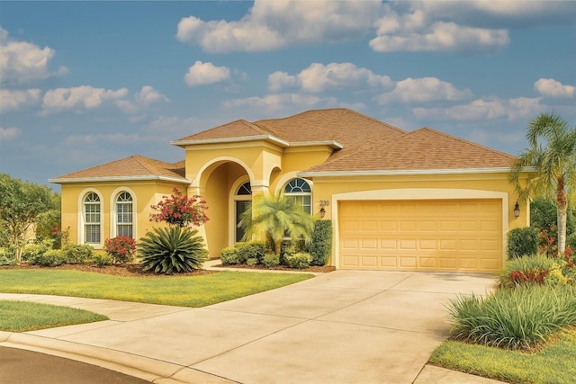 2218 132nd Pl E, Parrish, FL 34219 - mediterranean / spanish-style house with stucco siding, concrete driveway, a garage, and a front yard