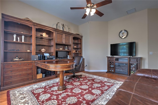 2218 132nd Pl E, Parrish, FL 34219 - office area featuring baseboards, a ceiling fan, visible vents, and wood finished floors