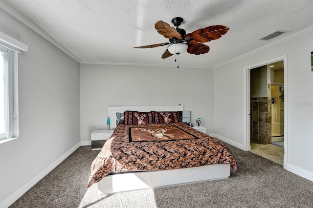 carpeted bedroom with multiple windows, a textured ceiling, baseboards, visible vents, and ornamental molding