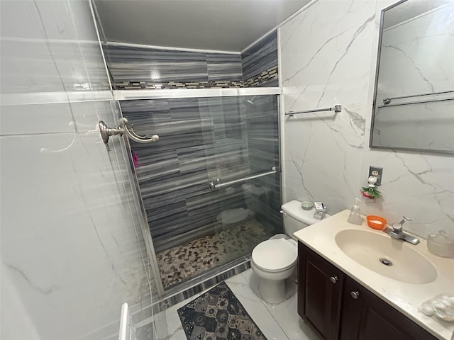 14633 Sassandra Dr, Odessa, FL 33556 - full bath with vanity, tile walls, a stall shower, toilet, and marble finish floor