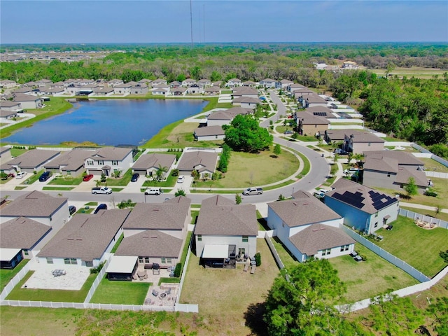 aerial view featuring a residential view and a water view