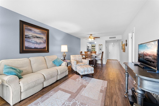1901 Oyster Catcher Ln Unit 823, Clearwater, FL 33762 - living area featuring dark wood finished floors, baseboards, visible vents, and a ceiling fan