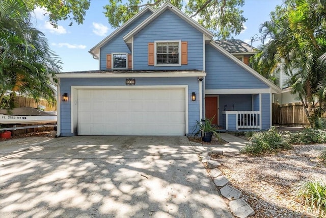 traditional home featuring driveway, a garage, and fence