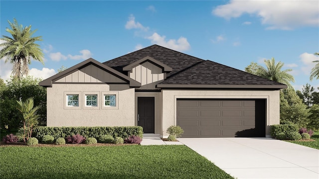 6179 Gainsboro Ave, Spring Hill, FL 34609 - view of front of home featuring concrete driveway, stucco siding, an attached garage, a front lawn, and a shingled roof