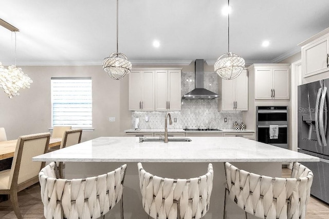 20647 Ovid Ln, Venice, FL 34293 - kitchen with a sink, decorative backsplash, wall chimney range hood, and stainless steel appliances