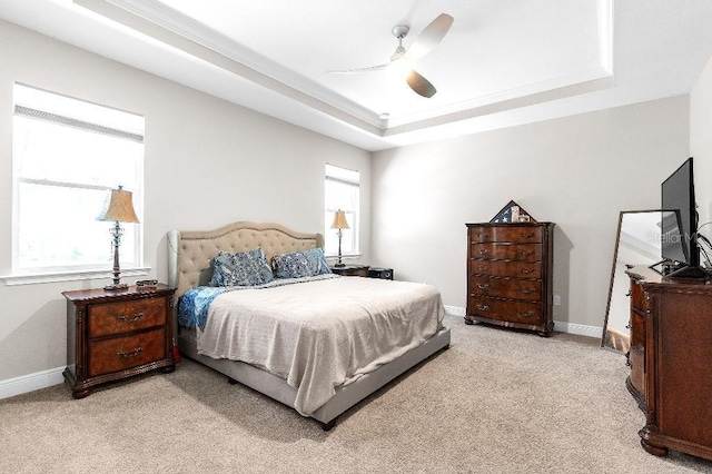 20647 Ovid Ln, Venice, FL 34293 - bedroom featuring baseboards, a tray ceiling, multiple windows, and light colored carpet