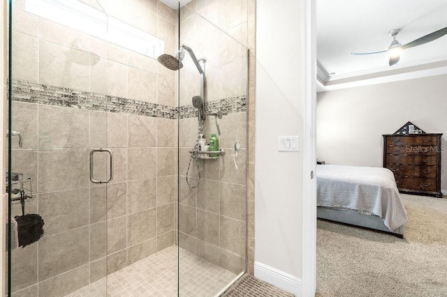 20647 Ovid Ln, Venice, FL 34293 - full bath featuring ornamental molding, baseboards, a stall shower, ceiling fan, and ensuite bathroom