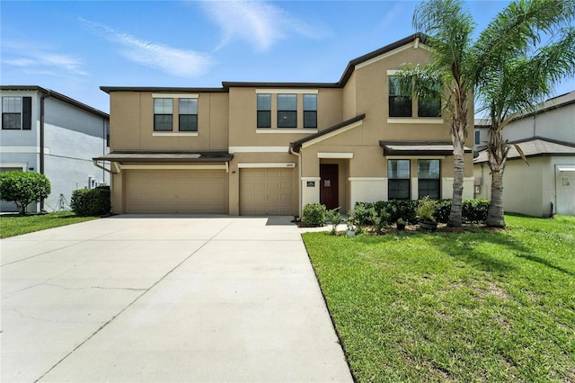 14050 Arbor Pines Dr, Riverview, FL 33579 - view of front of home with a garage, stucco siding, concrete driveway, and a front lawn
