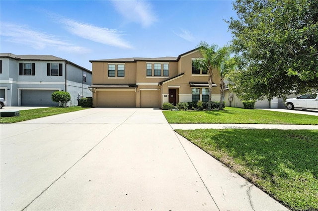 14050 Arbor Pines Dr, Riverview, FL 33579 - view of front of house with a garage, concrete driveway, stucco siding, and a front yard