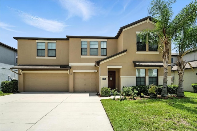 14050 Arbor Pines Dr, Riverview, FL 33579 - view of property with stucco siding, an attached garage, concrete driveway, and a front yard